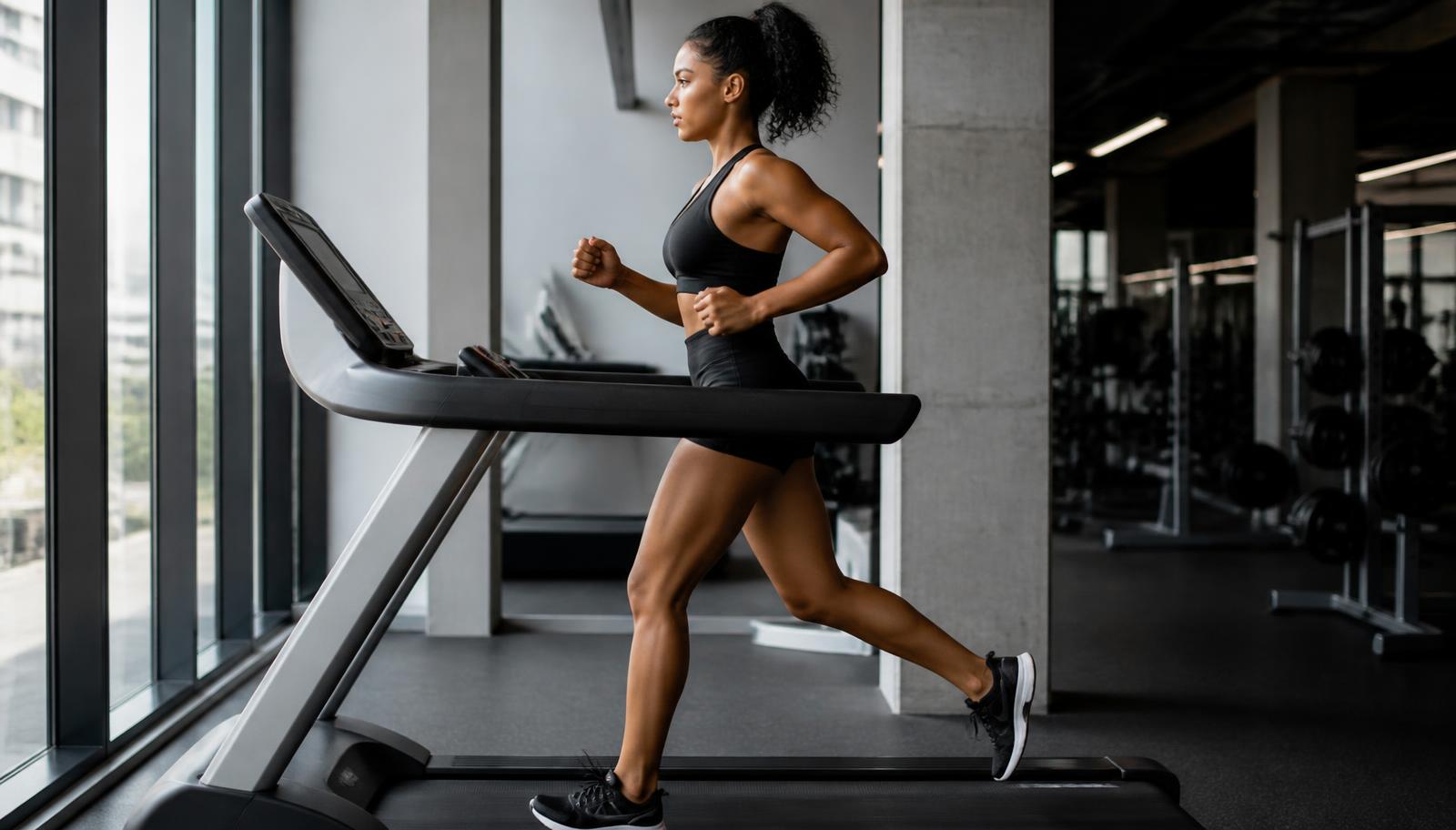 Donna che corre sul tapis roulant durante una sessione di cardio per dimagrire in palestra