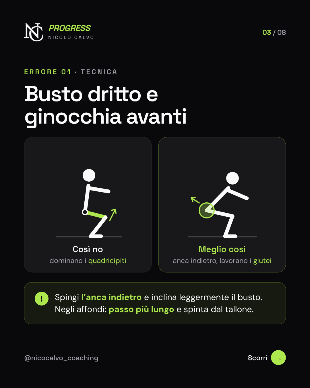 Squat: busto dritto e ginocchia avanti contro anca indietro per attivare i glutei